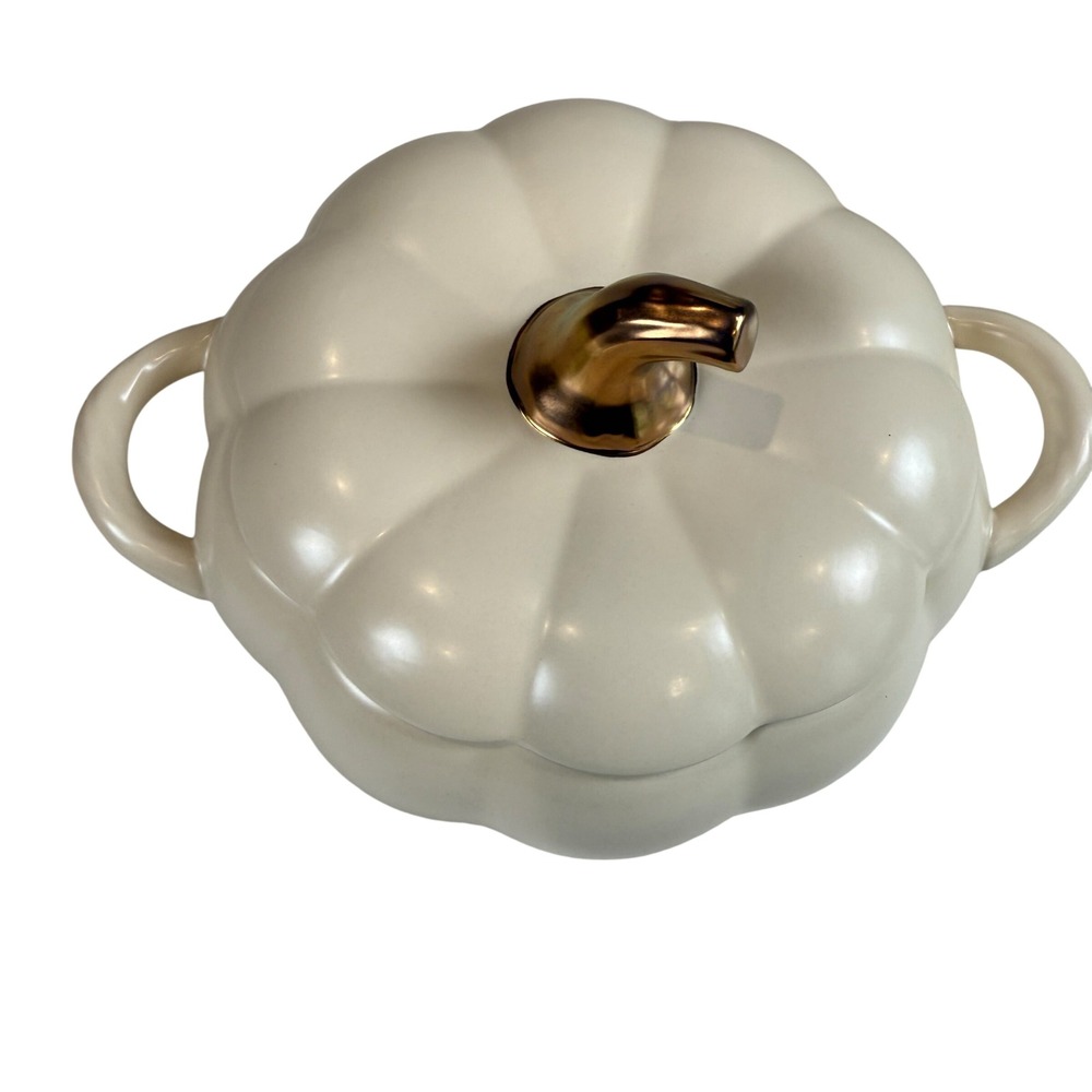 Pfaltzgraff Cream Ceramic Pumpkin Cocotte 2Qt Dutch Oven Gold Stem Thanksgiving